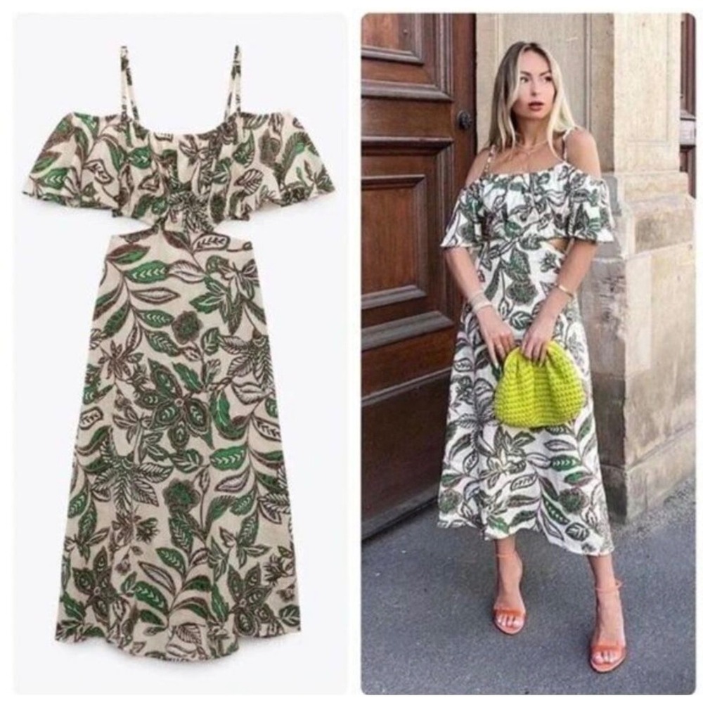 Zara Linen Blend Floral Cutout Midi Dress Womens Small Tropical Cold Shoulder